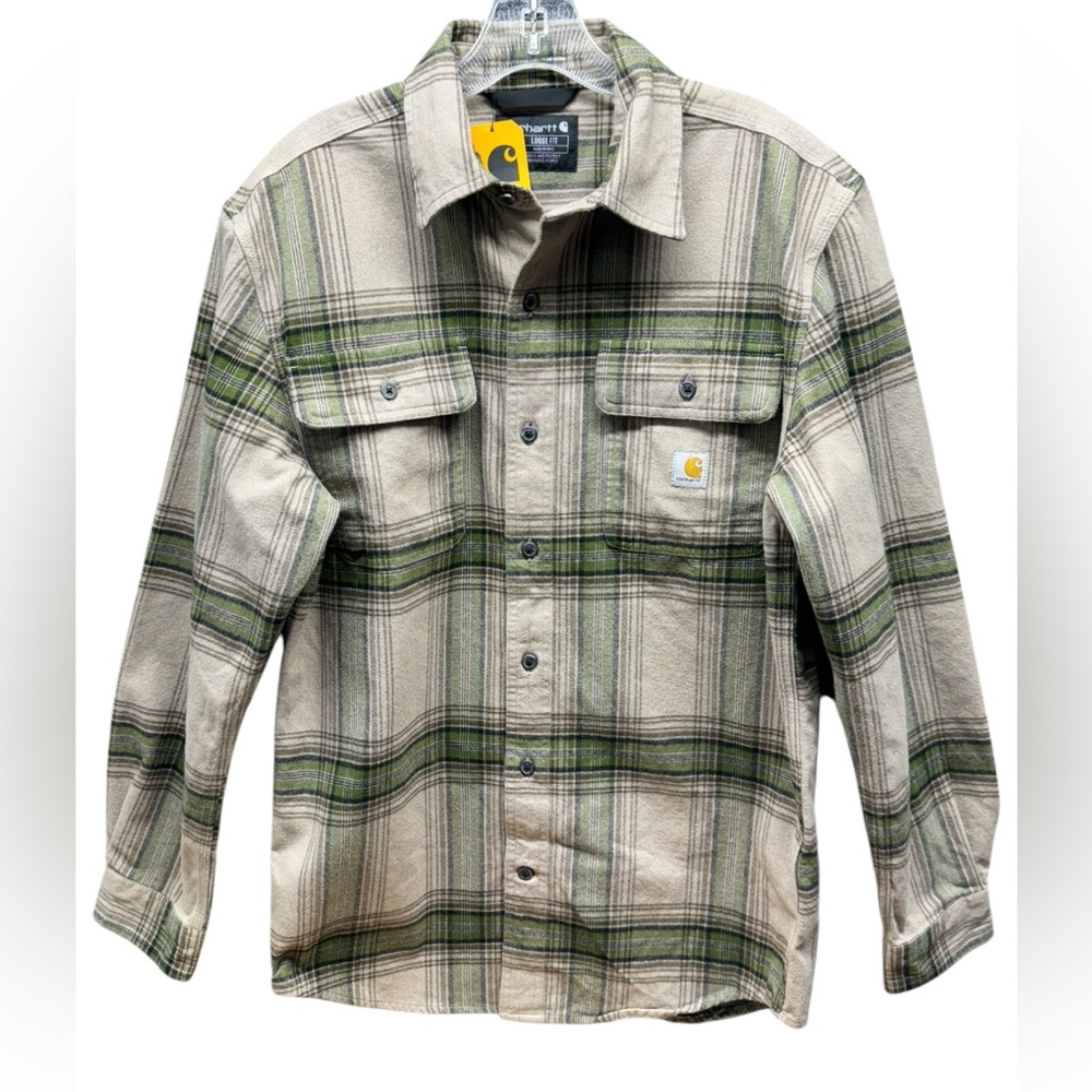 Carhartt Men's Loose Fit Heavyweight Flannel Green Long-Sleeve Plaid Shirt Sz S